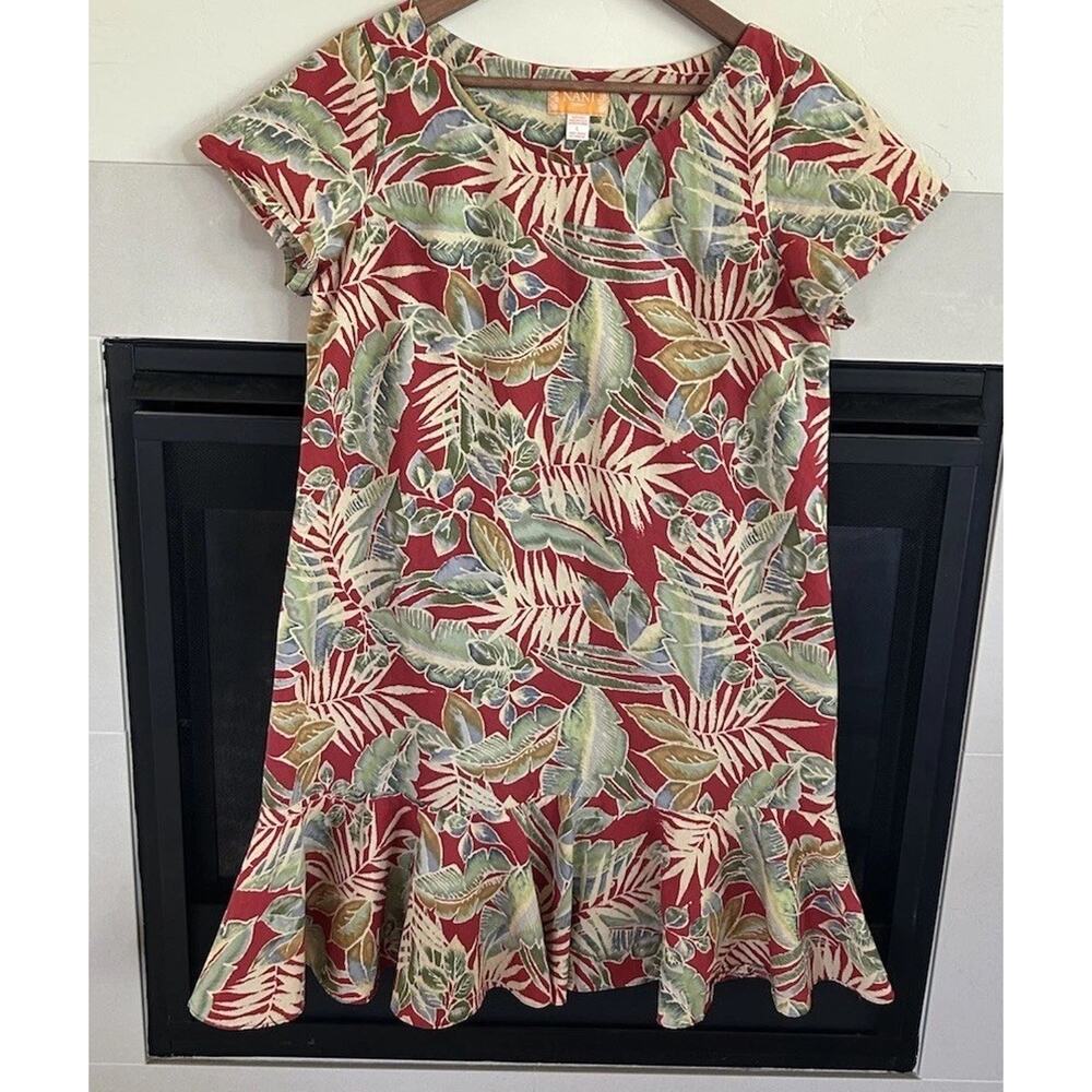 Vintage Hawaii Tropical Floral Dress Womens L Red Midi Flounce Hem USA Made
